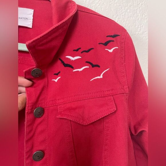Short Cropped Denim Trucker Jean Jacket, Red, Birds, size XXS - Picture 8 of 12